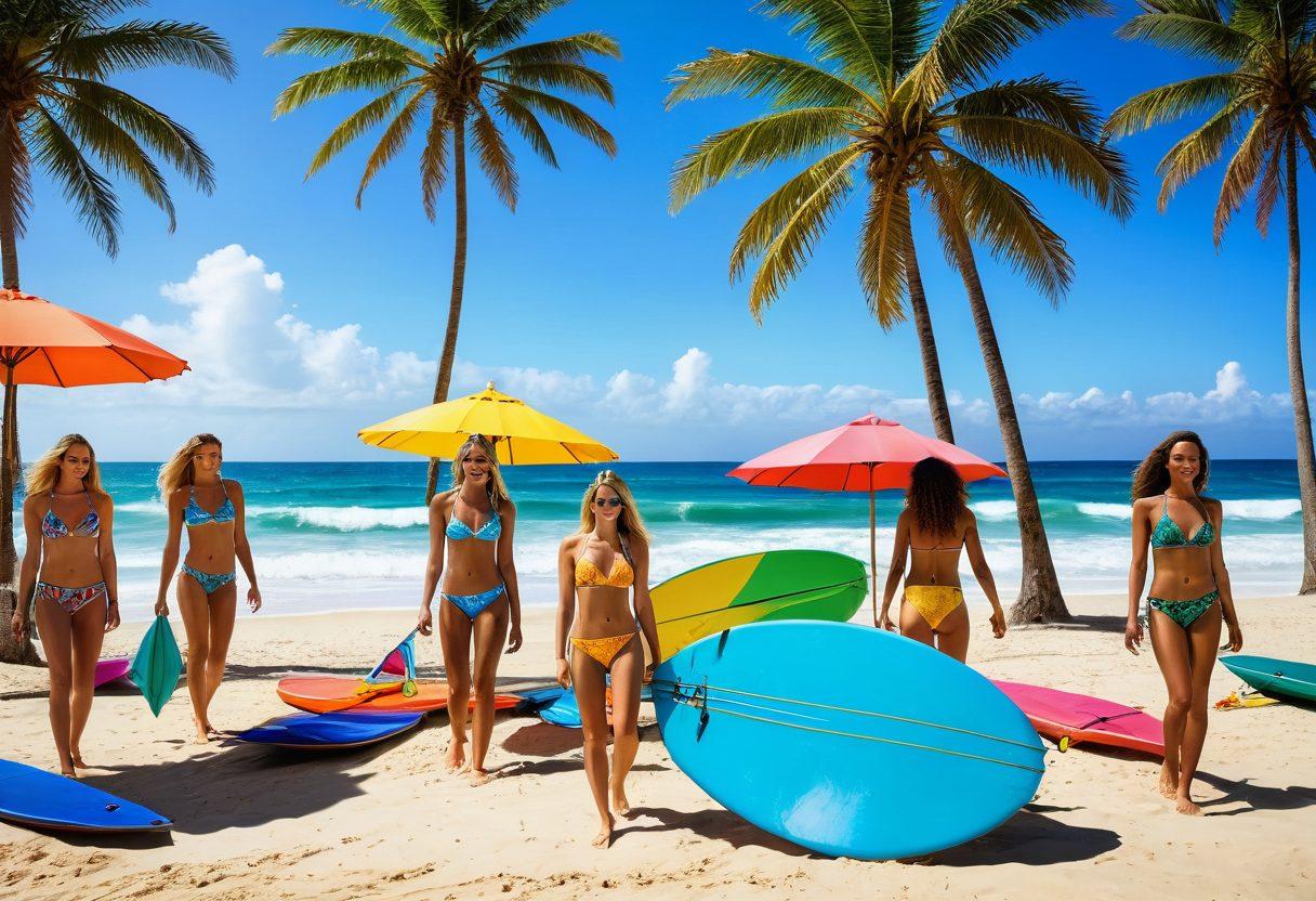 A vibrant beach scene featuring diverse models showcasing the latest stylish swimwear and beachwear trends. Include colorful beach umbrellas, surfboards, and tropical palm trees in the background, with splashes of ocean waves. Emphasize joyful expressions and confidence in the designs. Bright, sunny atmosphere with a warm color palette. super-realistic. vibrant colors. beach background.