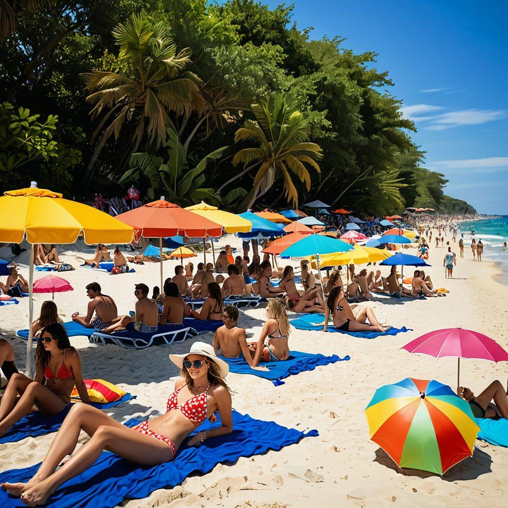 A vibrant beach scene featuring a diverse group of people enjoying summer, some wearing stylish bikinis and swim trunks, while others lounge under colorful umbrellas. Include elements like beach balls, sunglasses, and tropical drinks on a sandy shoreline. Capture the essence of fun, friendship, and summer vibes. bright colors. super-realistic. sunny backdrop.